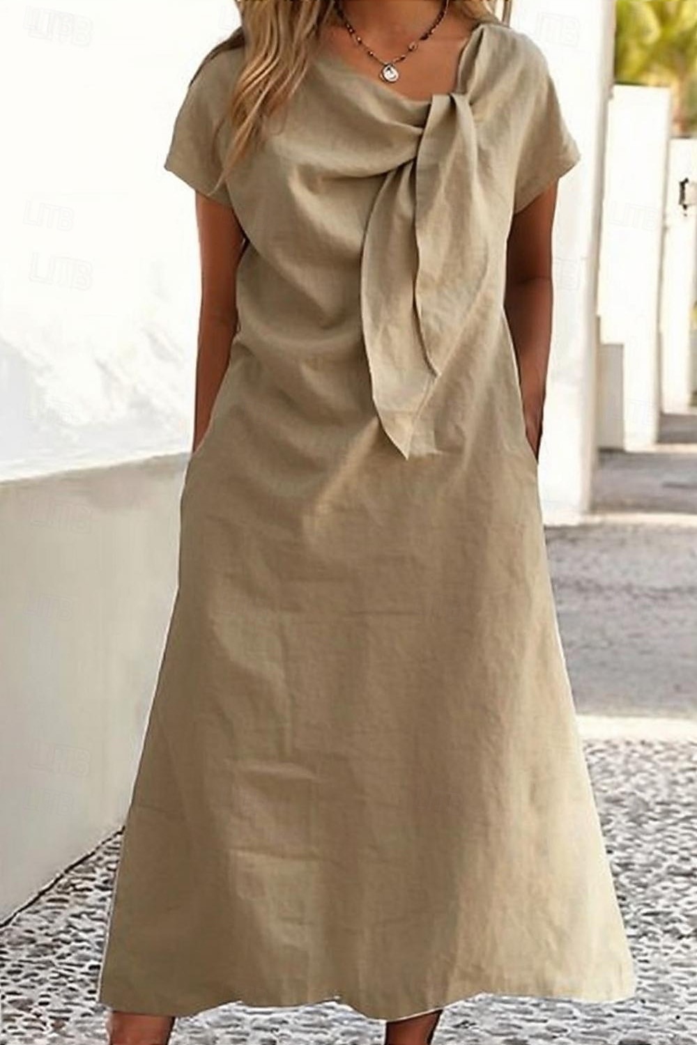 Damen Midikleid Kunstbaumwollleinen Shiftkleid Mode Klassisch Outdoor Ferien Wochenende Normale Passform Einfach Kurzarm Rundhalsausschnitt Gelb Orange Grün Khaki Sommer 2026 - $26.99 –P4