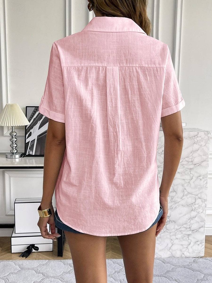 Dame Skjorte Helfarge Grunnleggende Fritid Kortermet Skjortekrage Vanlige topper Daglig Knapper Svart Hvit Rosa Blå Sommer 2025 - $22.99 –P6