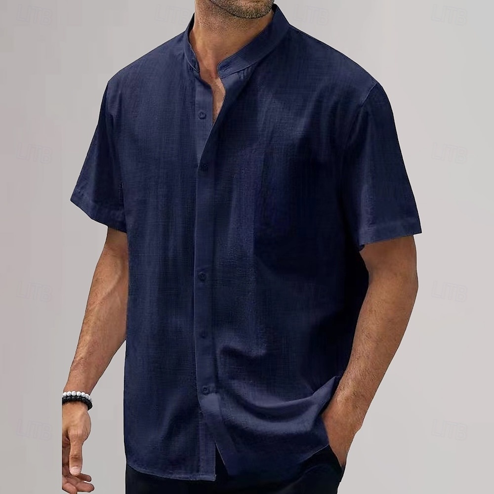 Herren Baumwoll-Leinen-Hemd Einfach Urlaub Schwarz Weiß Himmelblau Khaki Kurzarm Großvaterkragen Sommer Bekleidung 2025 - $25.99 –P3