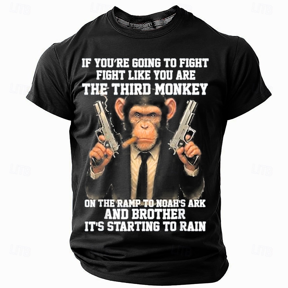 2025年 メンズショートスリーブグラフィックTシャツ 'ノアの方舟の三番目の猿のように戦え' ユーモラスライフスタイル  コレクション – $17.99 –P4
