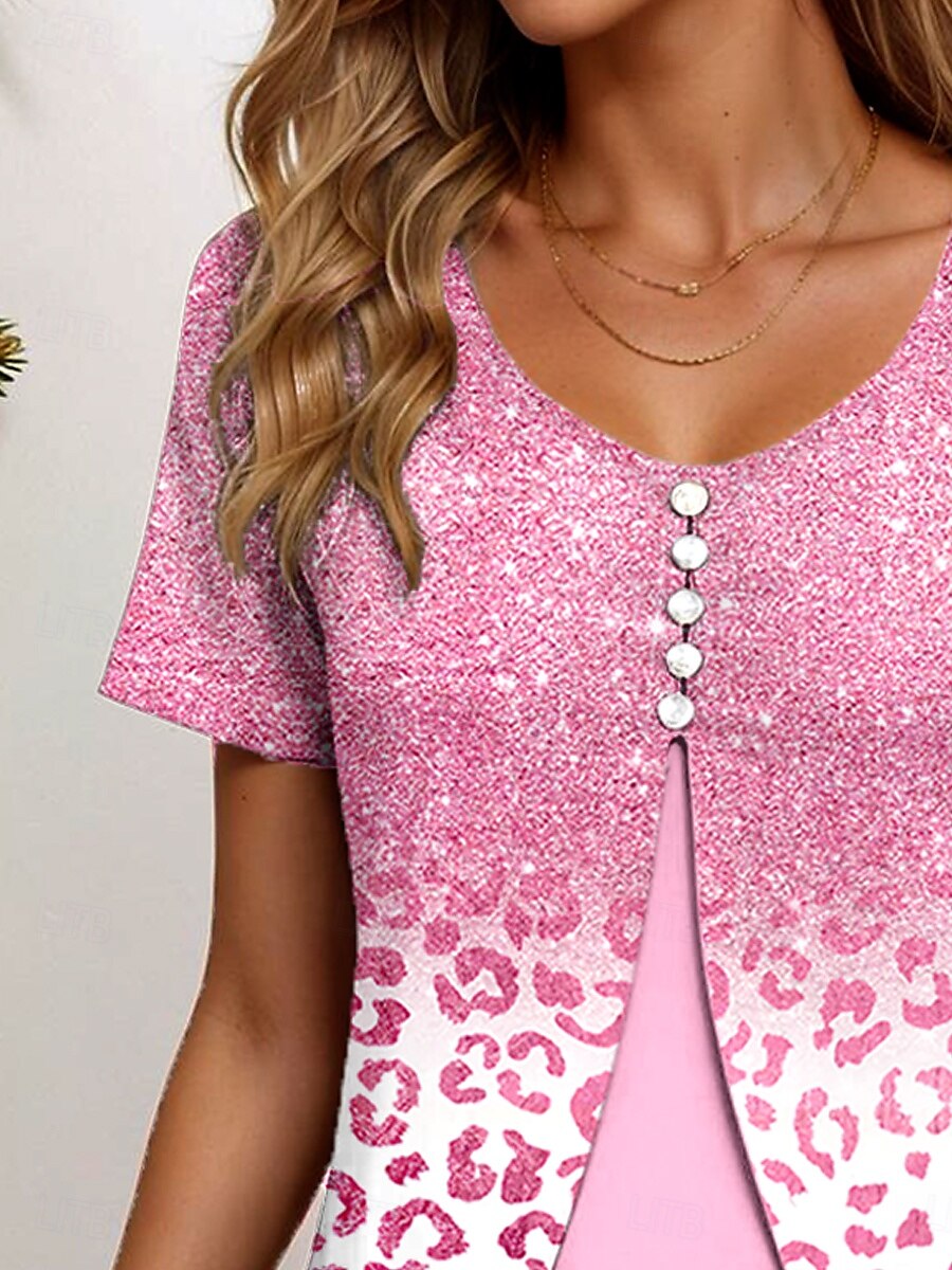 Femmes T-shirt A Ombre Graphique Léopard Élégant ancien Classique Manche Courte Col ras du cou Col rond Hauts Réguliers Quotidien Sortir Patchwork Boutons À Étages Rose Claire Bleu clair Été Printemps de 2025 ? $23.99 –P2