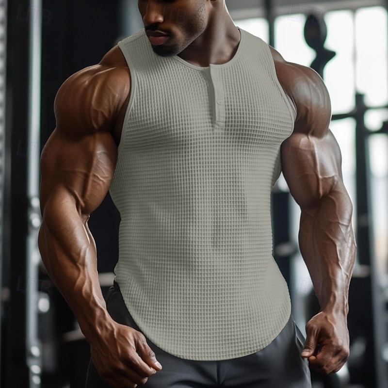 Bărbați Maiou cu vafe Cămașă Henley Vest Top Sub Cămașă Fără manșon Henley Vară Simplu Modă Designer Muşchi Nasturi În aer liber Ieșire Sală de Fitness Negru Alb Albastru Deschis Top tricou pentru 2025 - $13.99 –P7