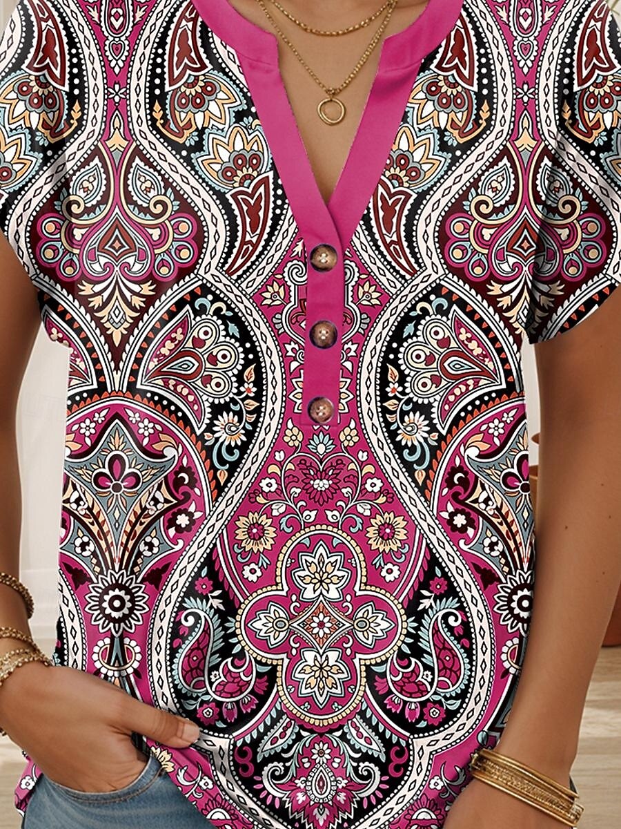 Femmes T-shirt Graphique Tribal Élégant Occasionnel Boho Manche Courte Col en V Hauts Réguliers Quotidien Imprimé Bleu Fuchsia Vert Été Printemps de 2025 ? $24.99 –P3