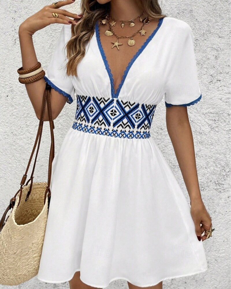 Dam Mini klänning Boho-klänning Klänning med tryck Västerländsk klänning Klassisk Modern Semester Helgdag Helgen Normal Blomma Kortärmad V-hals Vit Sommar 2025 - $23.99 –P1
