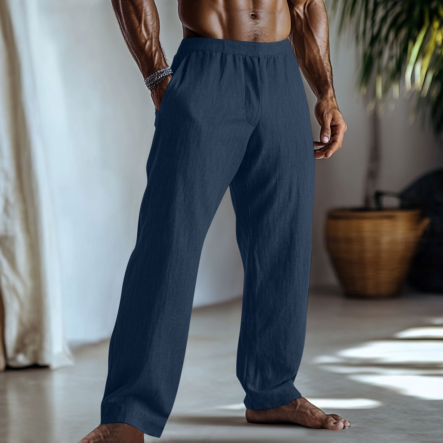 Men's Linen Pants Trousers Summer Pants Baggy Pants Elastic Waist Straight Leg Plain Comfort Breathable Full Length Daily Home Yoga Fashion Classic Style Light Green 2026 - $25.99 –P6