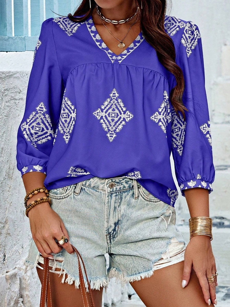 Mulheres Blusa Geométrica Boêmia Casual Manga 3/4 Manga Princesa Decote V Tops regulares Diário Imprimir Rosa Azul Marinha Roxo Verde Verão Primavera de 2025 por $22.99 –P18