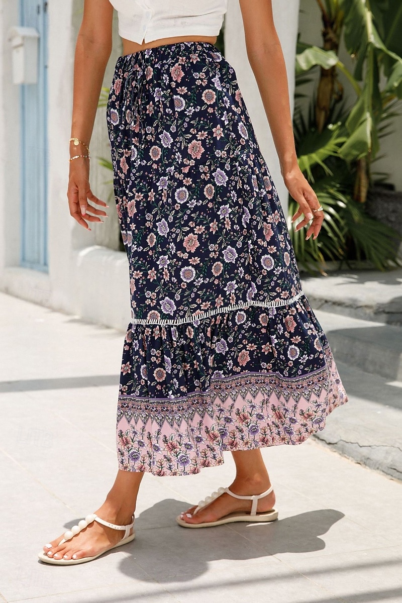Pentru femei Fustă Boemia Casual Boho Maxi Talie Medie Fuste Floral Imprimeu Micro-elastic Vacanță Stradă Migdală Roșu-aprins Albastru piscină Portocaliu Vară Celofibră 2025 - $21.99 –P8