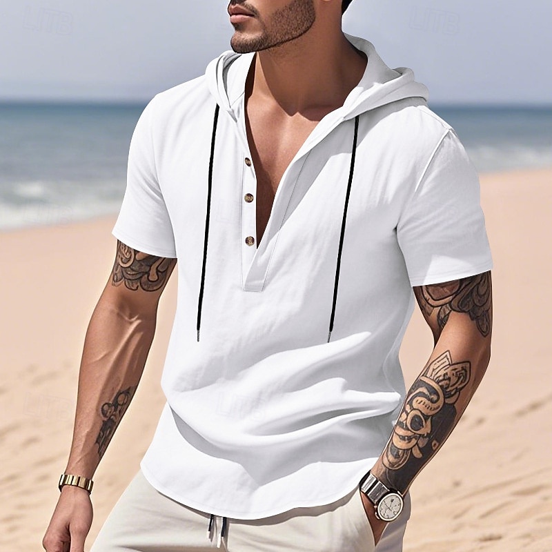 Herren Hemd Leinenhemd Popover-Hemd Freizeithemd Baumwollhemd Einfach Urlaub Straße Schwarz Weiß Gelb Marineblau Kurzarm Mit Kapuze Sommer Bekleidung Button-Down 2025 - $23.99 –P1