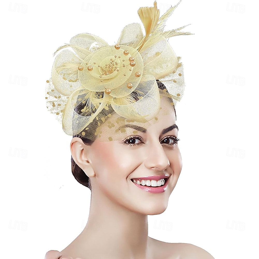 غطاء للرأس ريشة صاف قبعة فيدورا زفاف حفلة ليلية حفلة شاي سباق خيول كوكتيل عتيق لطيف مع ريش خوذة أغطية الرأس 2025 - $48.99 –P32