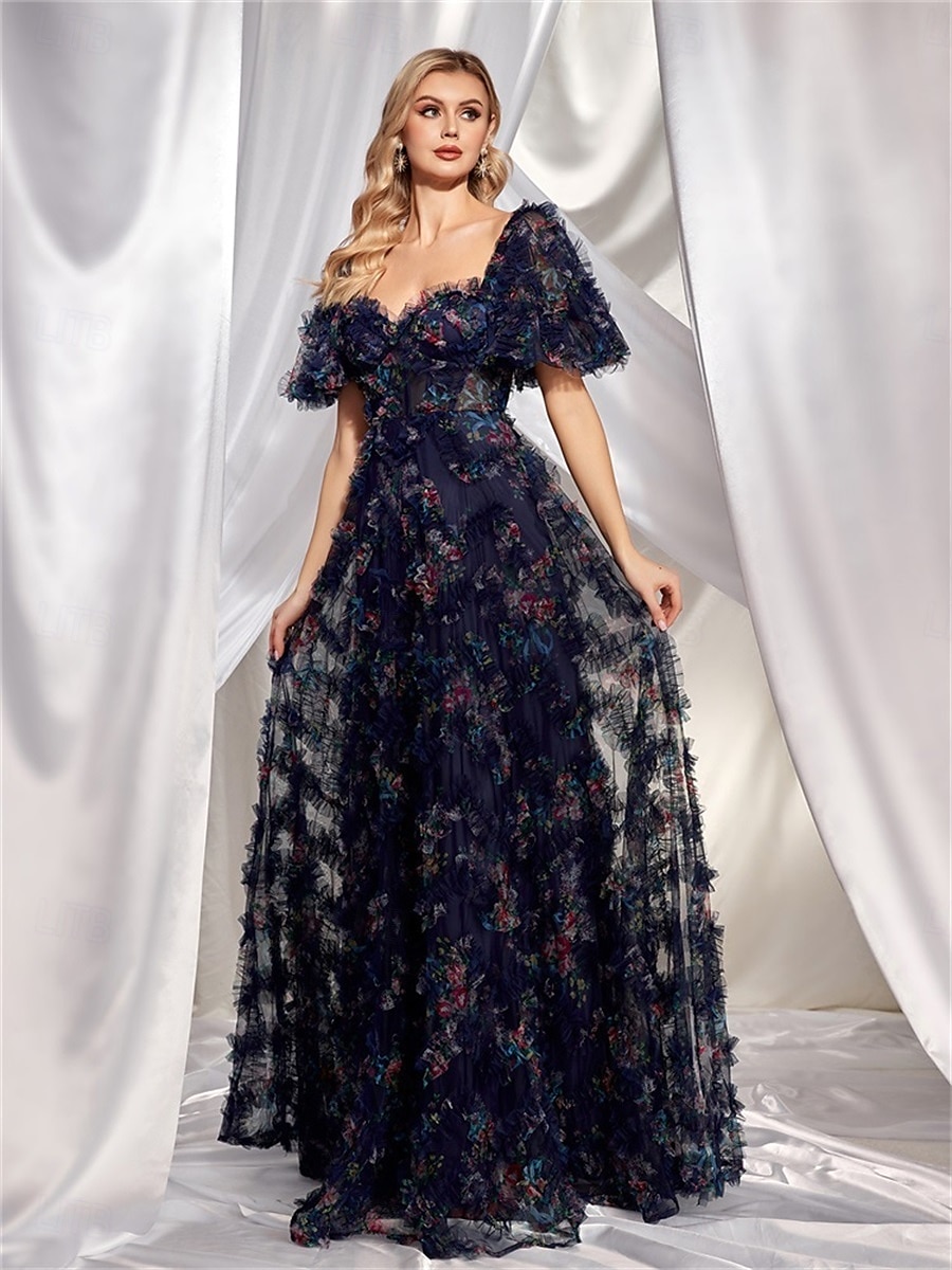 Rochii Invitată la Nuntă Rochie A-Line Corset Gât Îndulcit Mâneci Scurte cu Mâneci Burbă Lungime Podea Tulle cu Micro Volane 2025 - $189.99 –P7