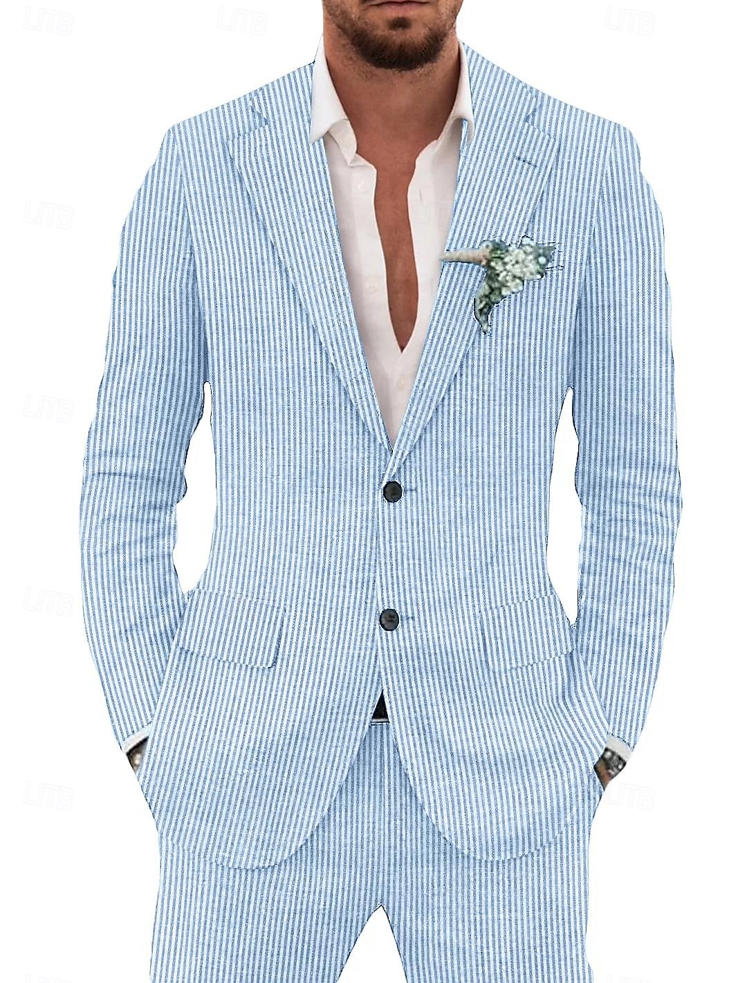 Completi in seersucker per uomo completi casual blu cielo e salvia moda leggeri estivi in tinta unita taglio standard 2 pezzi con un solo bottone del 2025 a $115.99 –P3