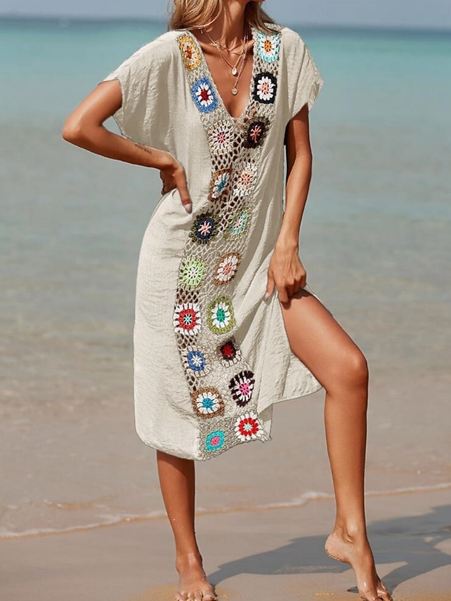 Maillots de Bain Femme Couverture Robe de Bain Maillot Patchwork Vacances Plage Tenue Couleur Unie Col en V Manches Courtes Maillots de Bain de 2025 ? $22.99 –P1