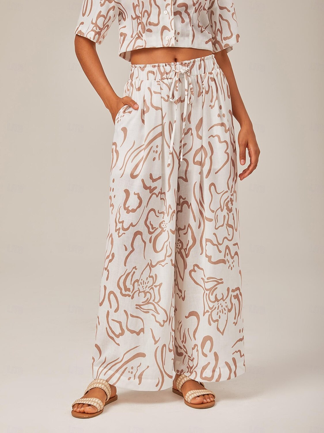Artistic Print Elastic Tie Waist & Linen-Like Fabric Wide-Leg Pants 2025 - $69.99 –P6