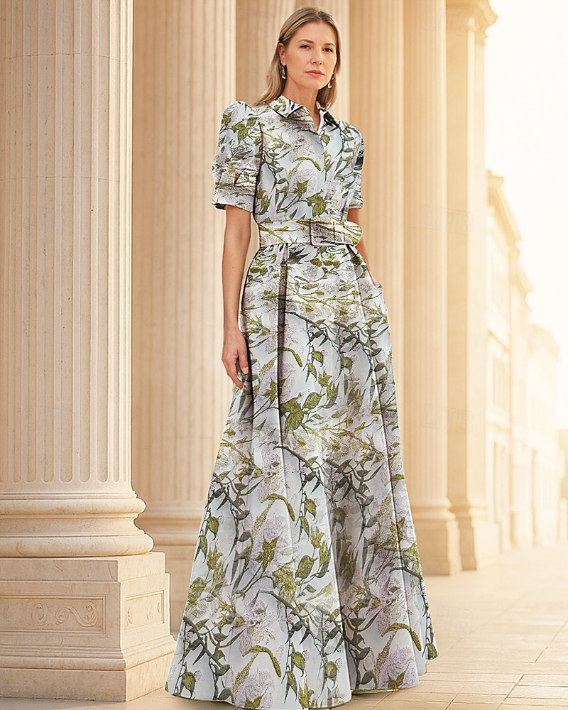 Linha A Longo Vestidos de noite Vestido de Baile Vestido formal Elegante Vintage Manga Curta Colarinho de Camisa Casamento Formal Fibra Sintética com Estampa floral Fenda Bolsos de 2026 por $186.99 –P5