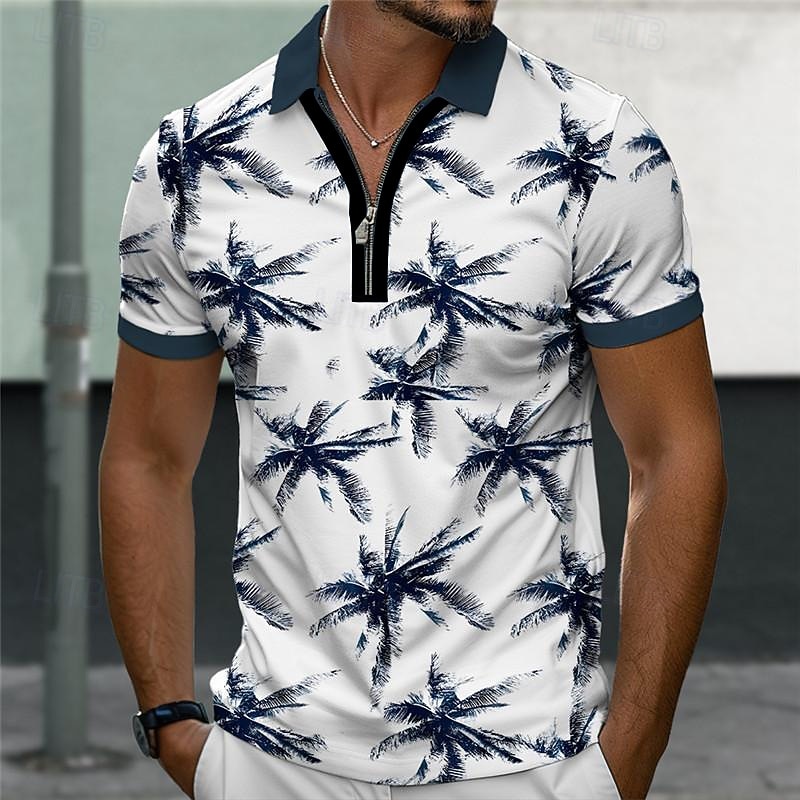 Men's Palm Tree Hawaiian Polo Shirts Golf Shirt Short Sleeve Polo Shirts Collared Shirts Casual Beach Wear Vacation Wear Tropical Wear Party Outfits 3D Print Quarter Zip Polo Summer Dark Navy Green 2025 - $22.99 –P8