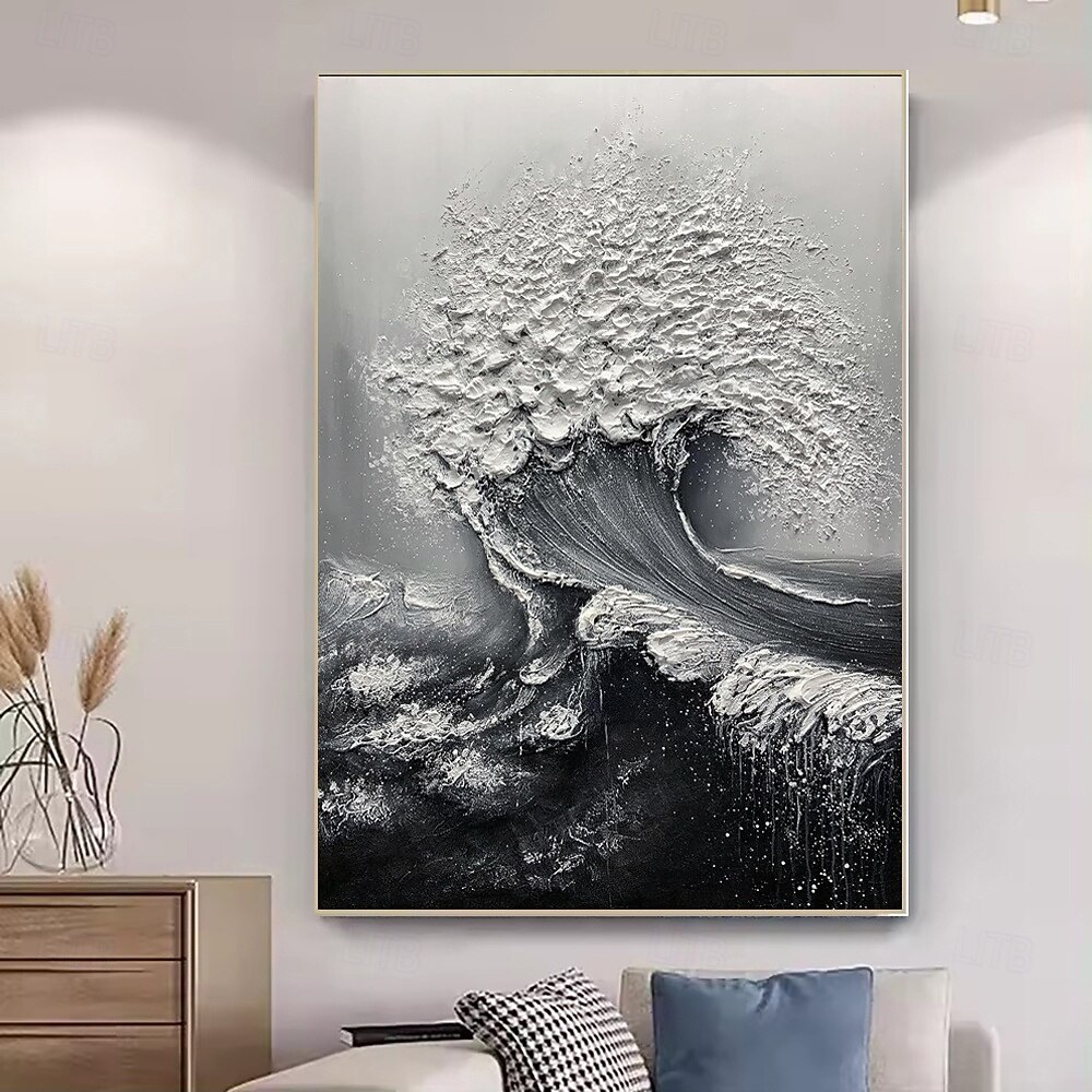 Peinture à l'huile faite à la main sur toile, décoration murale, couteau à palette 3D, paysage abstrait de vagues océaniques en noir et blanc pour la décoration intérieure, cadre tendu, peinture de 2025 ? $54.99 –P8