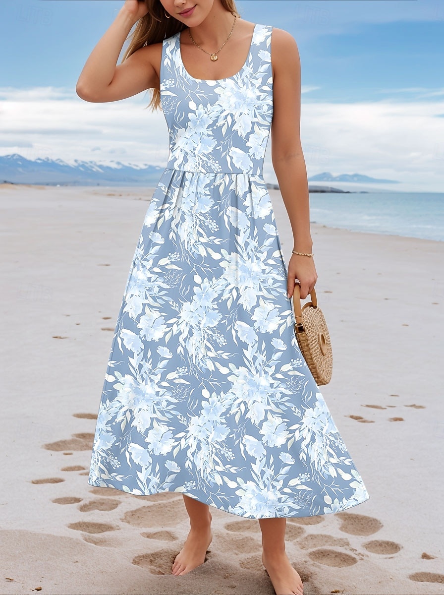 Dam Maxiklänning Solklänning A linjeklänning Slipklänning Plisserad klänning Semester Ledigt Boho Utekväll Strand Normal Blommig Grafisk Ärmlös U-hals Blå Sommar Vår 2025 - $35.99 –P3