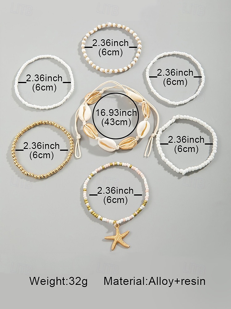 Boho schelpenkralen armbandenset voor dames - 7-delige stretcharmband met zeesterbedel in verschillende kleuren voor zomerse strand- en resortkleding 2025 - $9.99 –P14