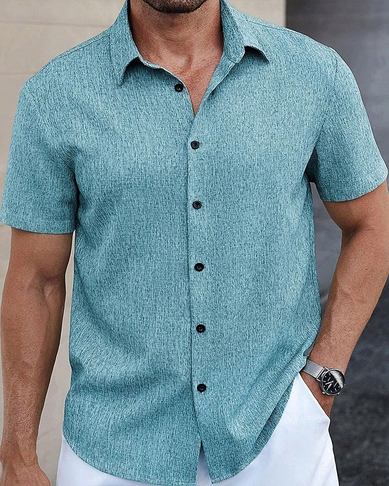 Men's Shirt Summer Shirt Casual Shirt Beach Shirt Button Up Shirt Blue Green Deep Blue khaki Beige Short Sleeve Plain Lapel Vacation Hawaiian Clothing Apparel Polyester Fashion Casual Comfortable 2026 - $29.99 –P9