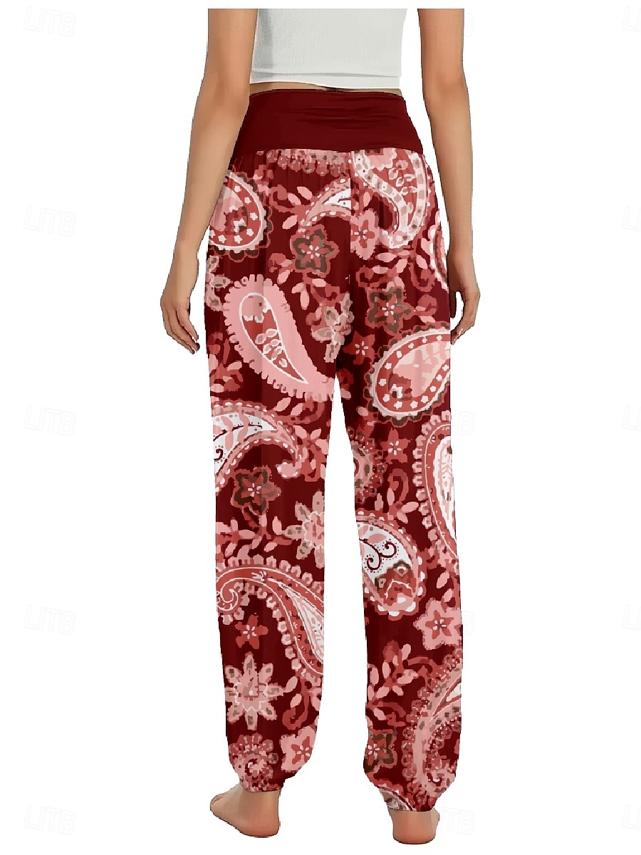 Dam Linneinspirerade byxor Brett skaft Byxor Etnisk Stil Ledigt Boho Fullängd Hög midja Blommig Paisley Ficka Elastisk midja Tryck Mateial som andas Mjuk Microelastisk Utomhus Yoga Röd Blå Mörkgrön 2025 - $21.99 –P11