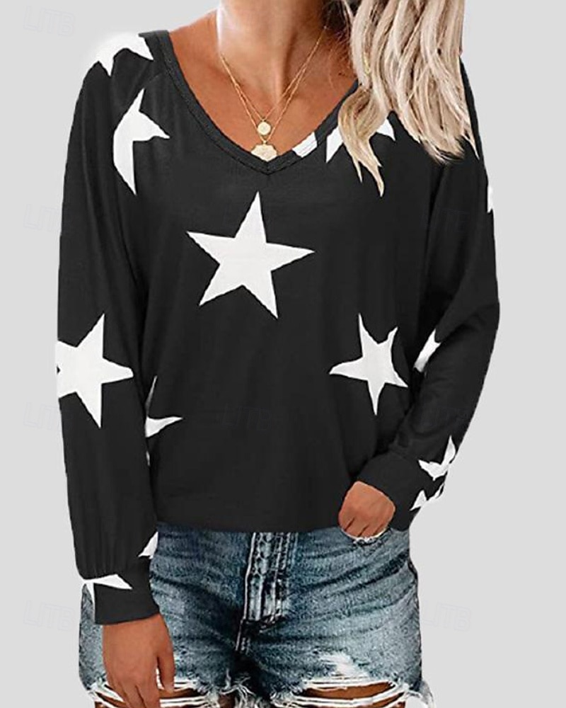 Femmes Chemises en coton et lin Chemisier Etoile Moderne Occasionnel manche longue Col en V Hauts Réguliers Quotidien Fête Imprimé Noir Jaune bleu marine Été de 2025 ? $22.99 –P2