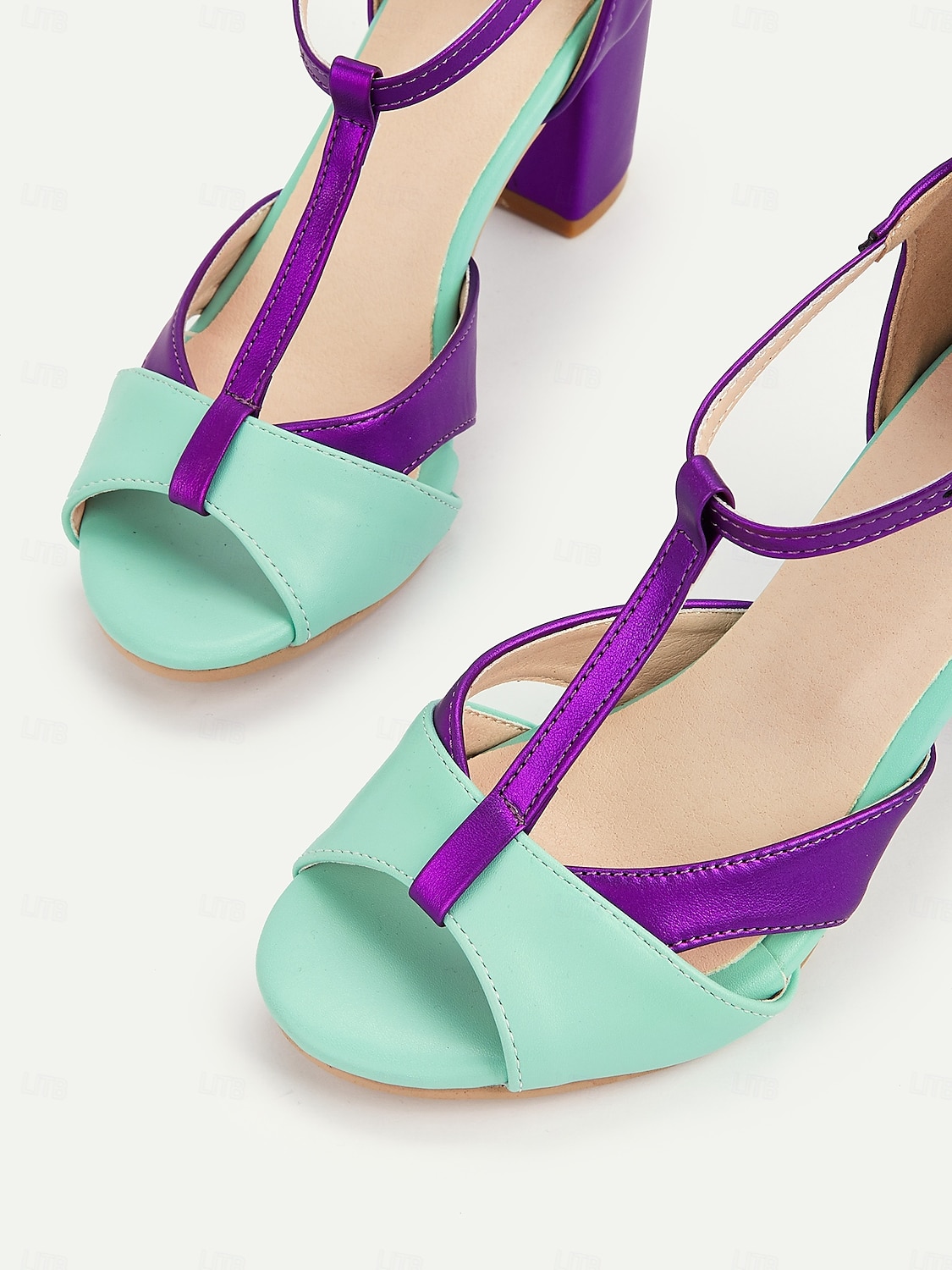 Sandales à talons épais vert menthe et violet pour femmes, avec brides en T – Chaussures habillées de style rétro des années 1950 pour des événements d'été élégants de 2025 ? $42.99 –P2