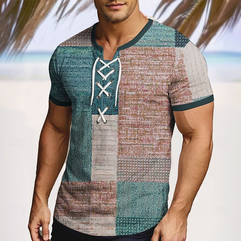 Men's Patchwork Shirt Short Sleeve T shirt 3D Print Lace Up Neck Shirt Vacation Fashion Casual Street Casual Daily Blue Purple Brown Summer Spring Clothing Apparel S M L XL XXL XXXL 2025 - $18.99 –P9