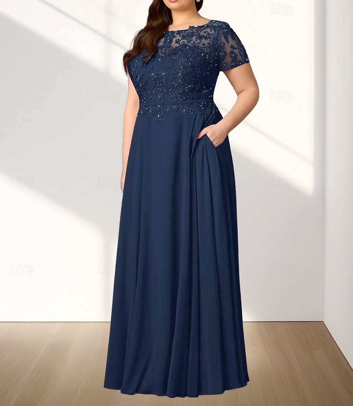 A-lijn Plus Size Curve Moeder van de Bruid Jurk Bruiloft Gast Elegant Crew Neck Vloerlengte Chiffon Kant Korte Mouw met Tailleband  Lint Beading Applicaties 2025 - $178.99 –P3