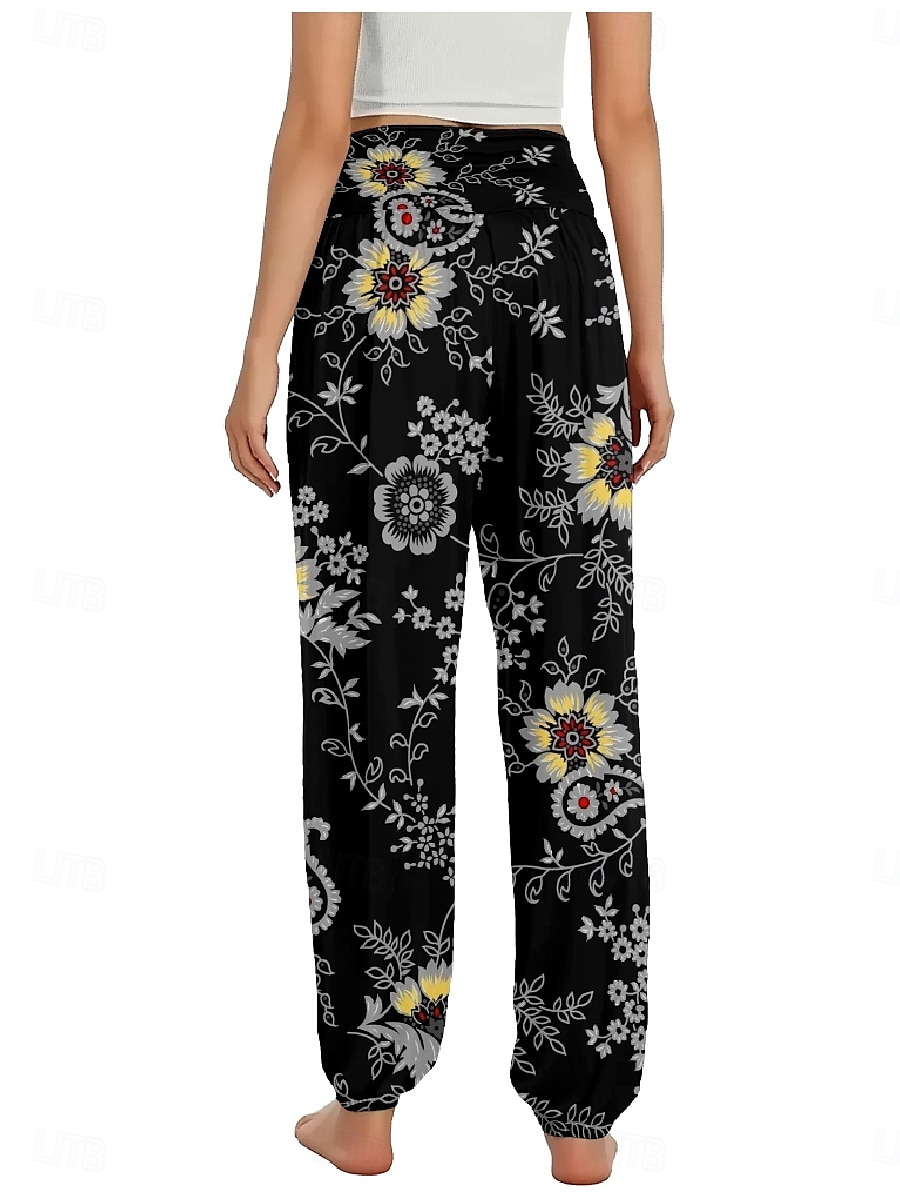 Dam Linneinspirerade byxor Brett skaft Byxor Etnisk Stil Ledigt Boho Fullängd Hög midja Blommig Ficka Elastisk midja Tryck Mateial som andas Mjuk Microelastisk Utomhus Yoga Svart Rosa Marinblå Blå 2025 - $21.99 –P14