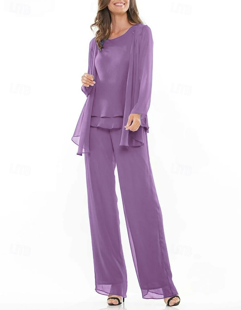 Terno azul roxo com calça, vestido de mãe da noiva, 3 peças, elegante, gola redonda, comprimento até o chão, chiffon, manga comprida, incluso com bordado em renda 2025 de 2025 por $136.99 –P1