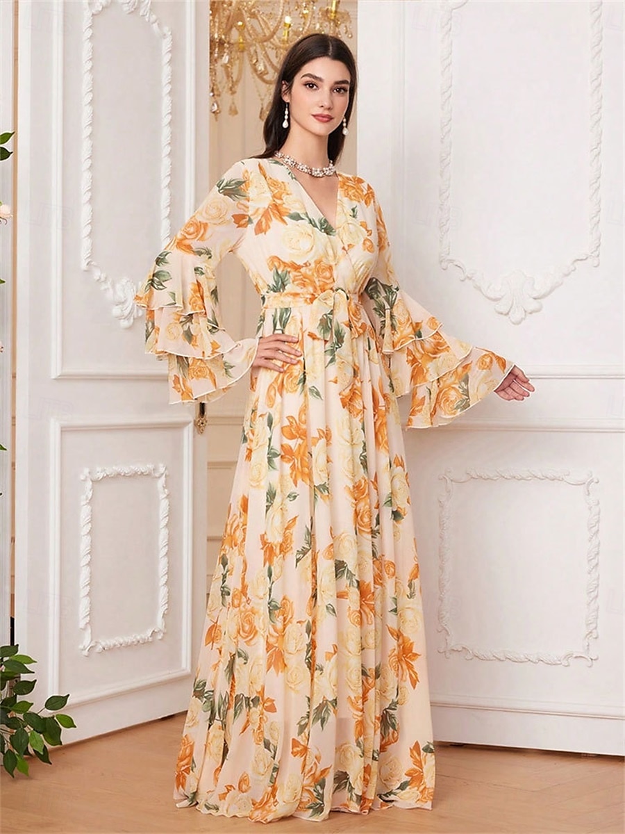 Dress Mother of the Bride Dress Elegant V Neck Floor Length Chiffon Long Sleeve with Sash / Ribbon Ruffles Wedding Guest Dress 2025 - $89.99 –P4