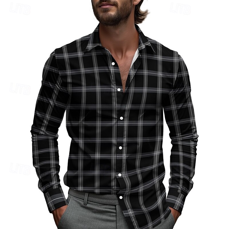 Herren Hemd Sommerhemd Freizeithemd Strandhemd Knopfhemd Schwarz Grau Langarm Karomuster Revers Urlaub Hawaiianisch Button-Down Bekleidung Polyester Mode Lässig Bequem 2025 - $25.99 –P2
