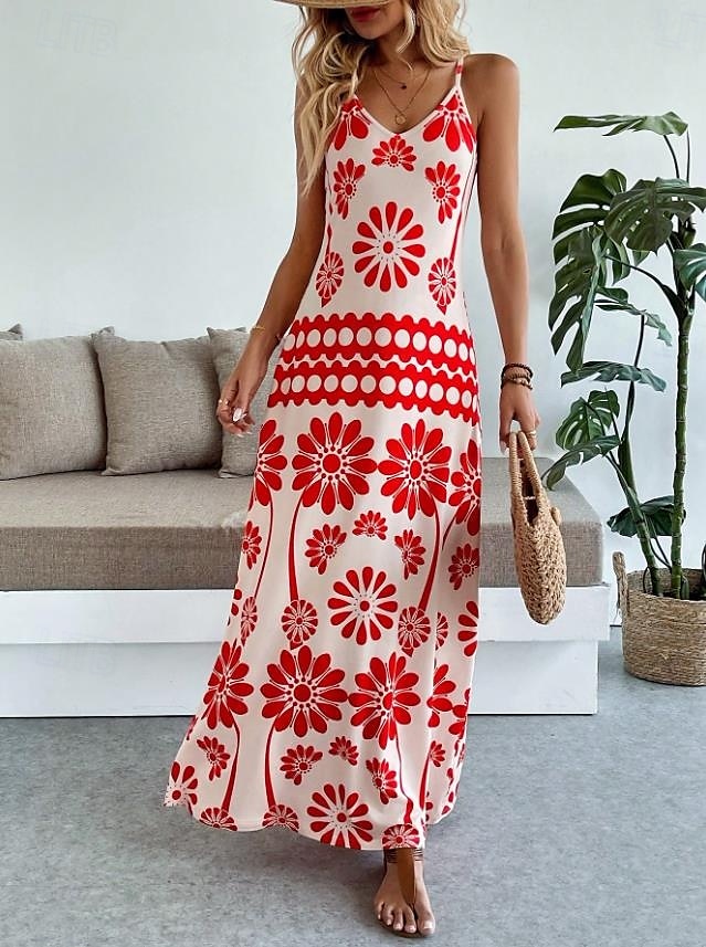 Női Maxiruha A vonalú ruha Slip ruha Szabadság Alkalmi Boho Parti Alkalmi Standard Virágos Grafika Ujjatlan V-alakú Narancssárga piros Fekete Medence Lóhere Nyár Tavasz 2025 - $31.99 –P5