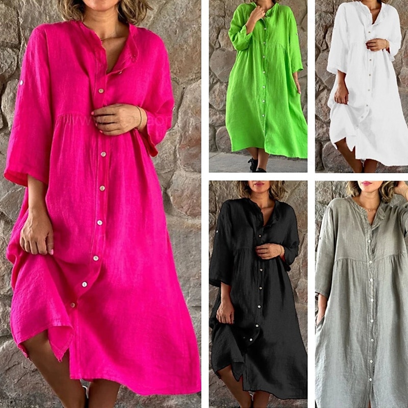 Women's Midi Dress Cotton Linen Dresses Casual Dress Fashion Outdoor Party Holiday Regular Fit Plain Long Sleeve Crew Neck Light Green Pink Grey Summer 2025 - $36.99 –P1