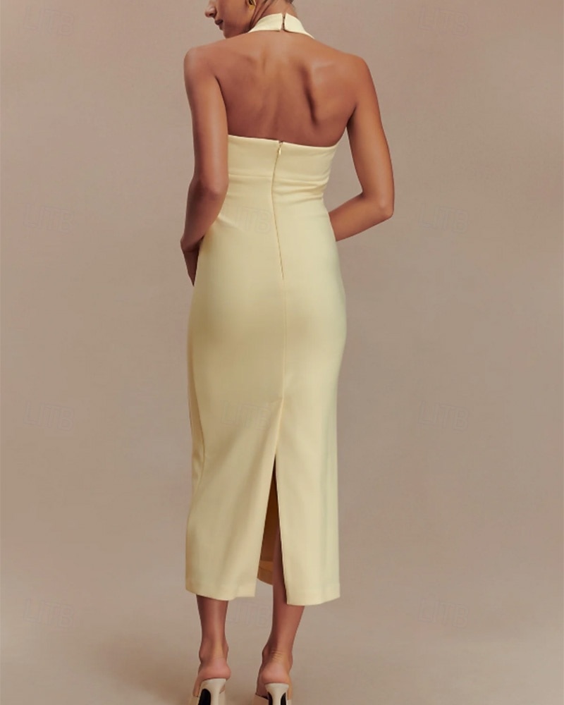Vestidos de cóctel color amarillo mantequilla estilo sheath  columna elegante vestido semi formal de boda longitud té sin mangas cuello halter de crepé elástico sin respaldo 2025 - $127.99 –P3