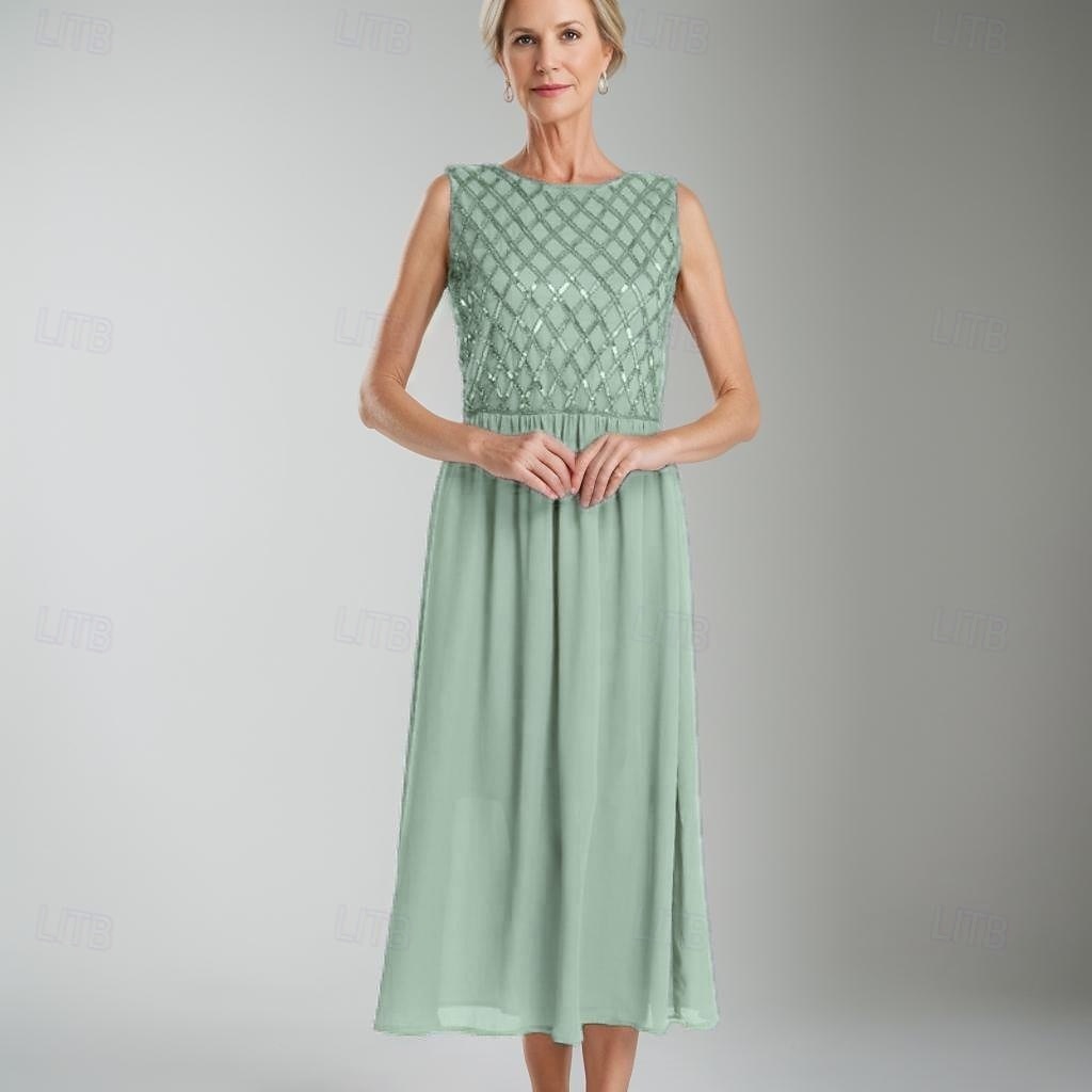 Ligne A Robe de Mère de Mariée  Formel robe demoiselle d honneur Élégant Simple Minimaliste Col ras du cou Longueur thé Chiffon Sans manches avec Paillettes 2025 de 2025 ? $149.99 –P8