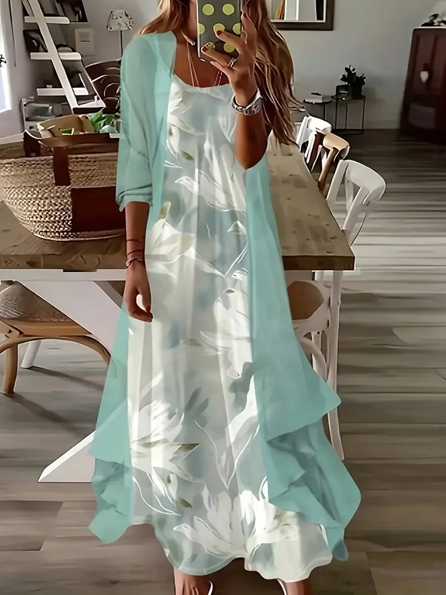 Women's Maxi Dress Dress Set Maxi Dress A Line Dress Summer Dress Vacation Boho Floral Layered Print 3/4 Length Sleeve Crew Neck Outdoor Daily Light Green Summer Spring Loose Fit 2025 - $51.99 –P1