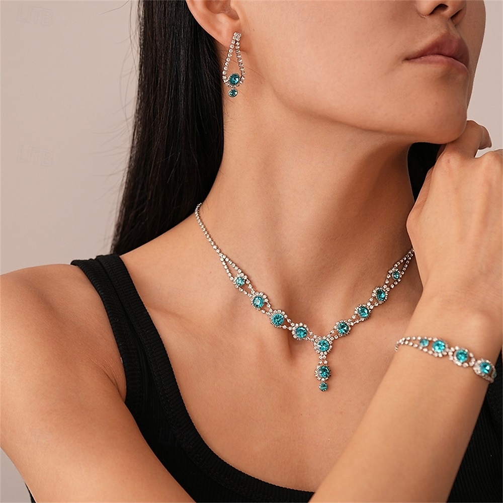 Set di Gioielli 3 Blu Zircone cubico Rame 1 Collana 1 Bracciale Orecchini Per donna Elegante Vintage Moda Stile Vintage Classico Geometrico Parure di gioielli Per Matrimonio Feste Occasione speciale del 2025 a $19.99 –P1