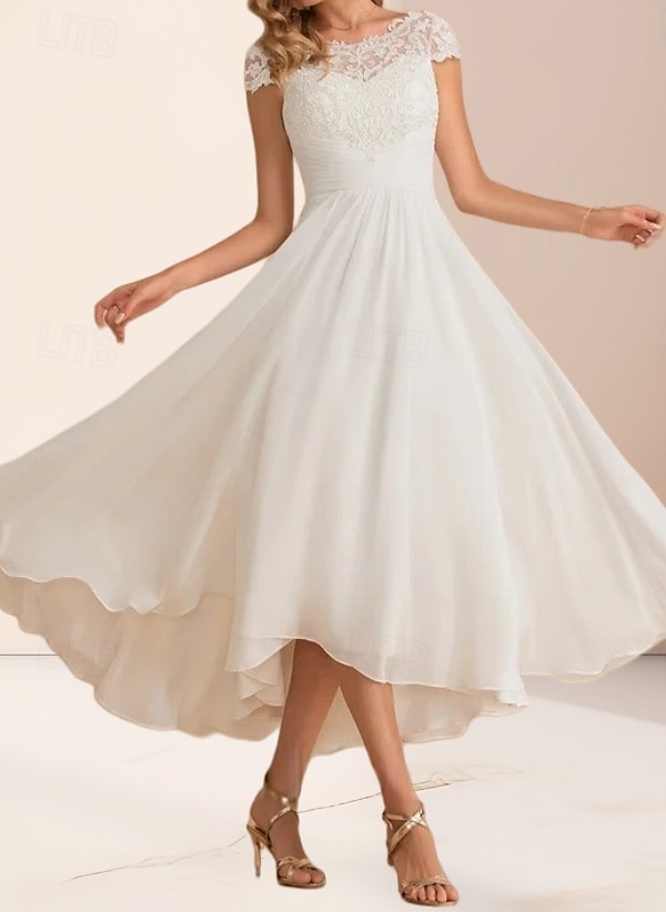 Engagement Little White Dresses Wedding Dresses A-Line Boat Neck Regular Straps Asymmetrical Chiffon Bridal Gowns With Pleats Ruched 2025 - $149.99 –P3