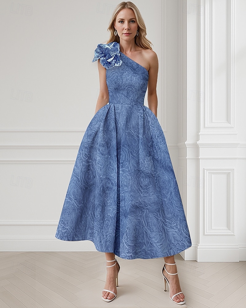 Jacquard Groen Blauw A-Lijn Cocktailjurk Elegante Jurk Formele Bruiloft Gast Enkellengte Mouwloos Één Schouder Nylon met Zak Schouderbloem Bruiloft Gast Jurk 2025 - $138.99 –P2