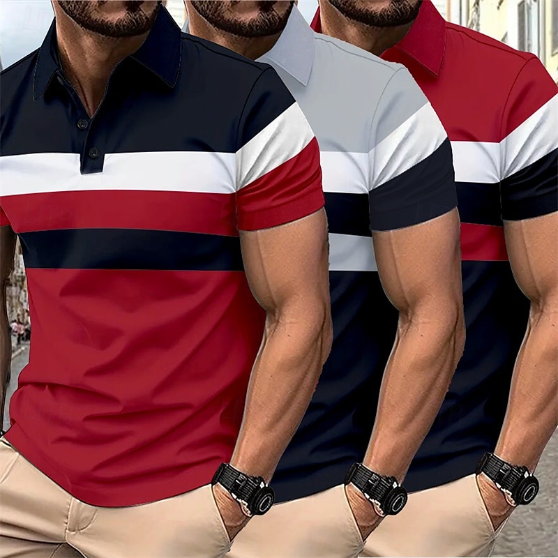 Multipack 3 par Herr Kavajslag Kort ärm Grå + röd + blå Knapp upp Polos Golftröja Golf pikétröjor Lappverk Färgblock Semester Dagliga kläder Polyester Sommar 2025 - $35.99 –P5