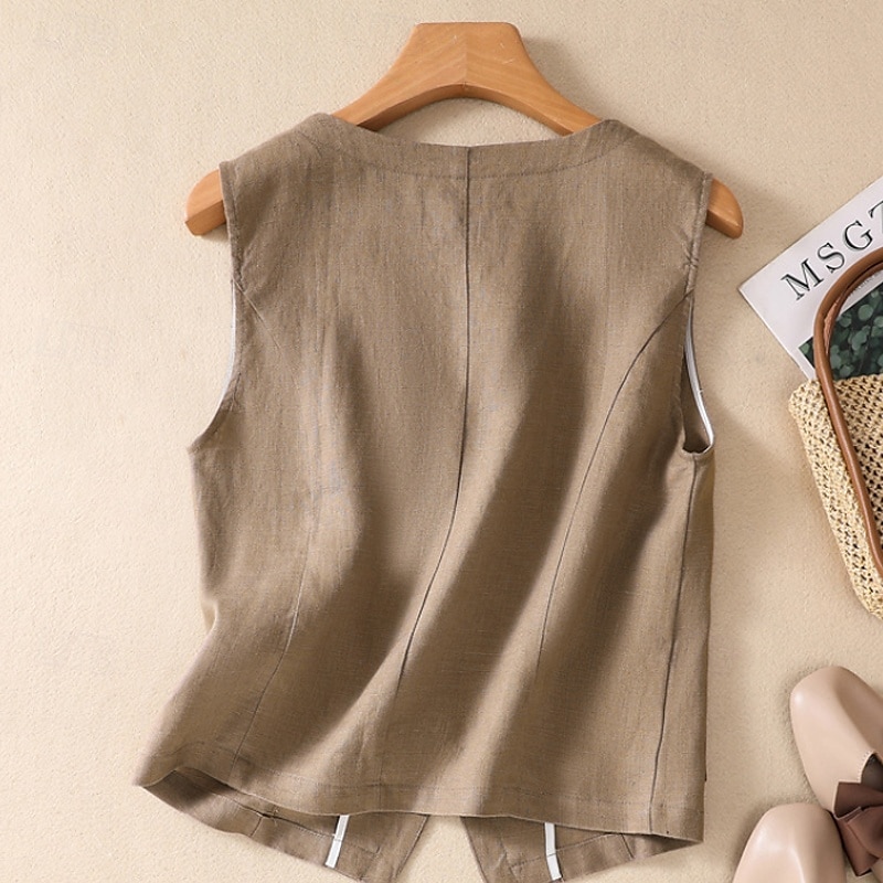Damen Weste aus Baumwolle und Leinen, schlicht, modern, lässig, ärmellos, V-Ausschnitt, normale Passform, Oberteile, Urlaub, Ausgehen, Knöpfe, Tasche, Weiß, Braun, Khaki, Aprikose, Sommer 2025 - $26.99 –P11