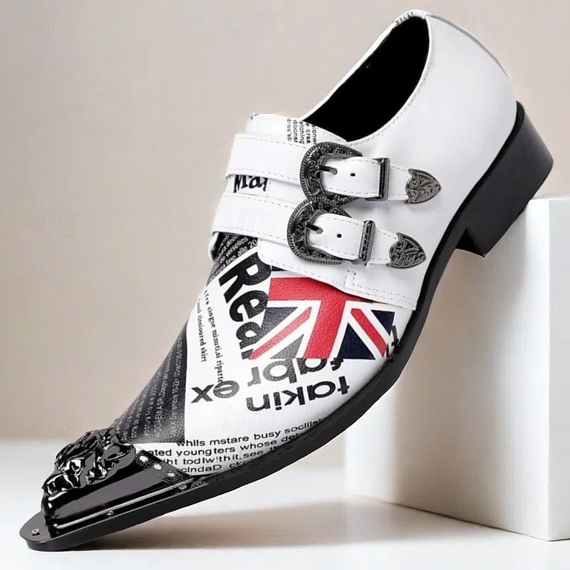 Weiße Punk-Rock-Monk-Strap-Dressschuhe für Männer mit goldener Spitze britischer Flagge – Statement-Schuhe für Musikfestivals Themenpartys und Konzerte 2025 - $109.99 –P1