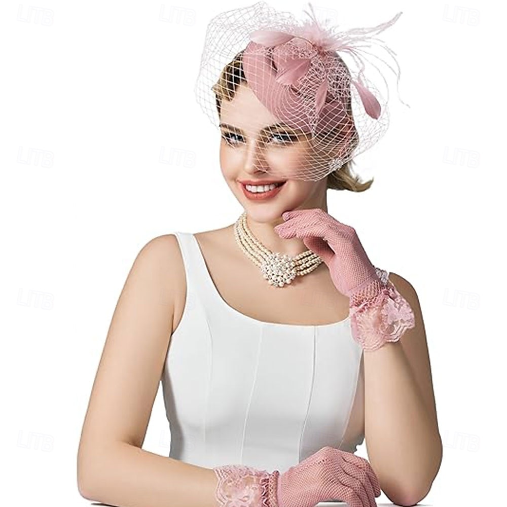 Fascinators Pillbox Hats for Women, Tea Party Hat and Short Lace Gloves Set Perfect for Kentucky Derby, Cocktail 2025 - JP ¥5139 –P8