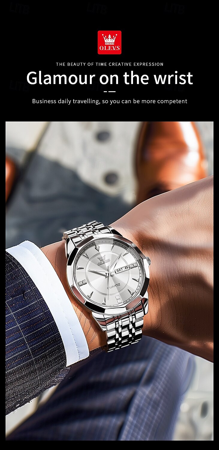 OLEVS 9977 Men's Top Luxury Brand Quartz Watch, Fashion Business, Stainless Steel, Date Week, Diamond Scale, Waterproof 2025 - $52.99 –P7