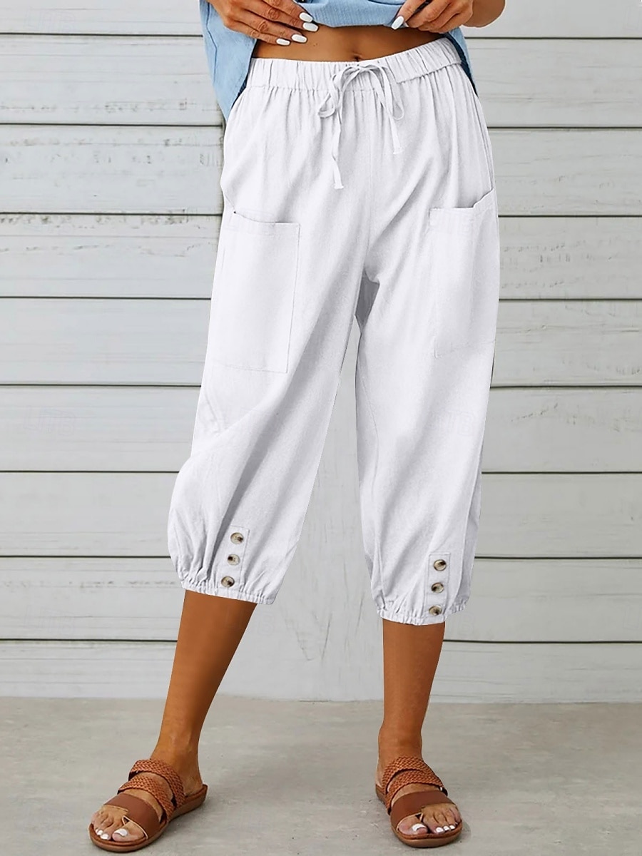 Kvinne Capri Bukser Enfarget Chinos Motetrend Etnisk Stil Basic Knelang Høy Midje Vanlig Lomme Snor Komfort Utendørs Mikro-elastisk Ferie Gate Daglig Svart Hvit Khaki Lyseblå 2025 - $19.99 –P1