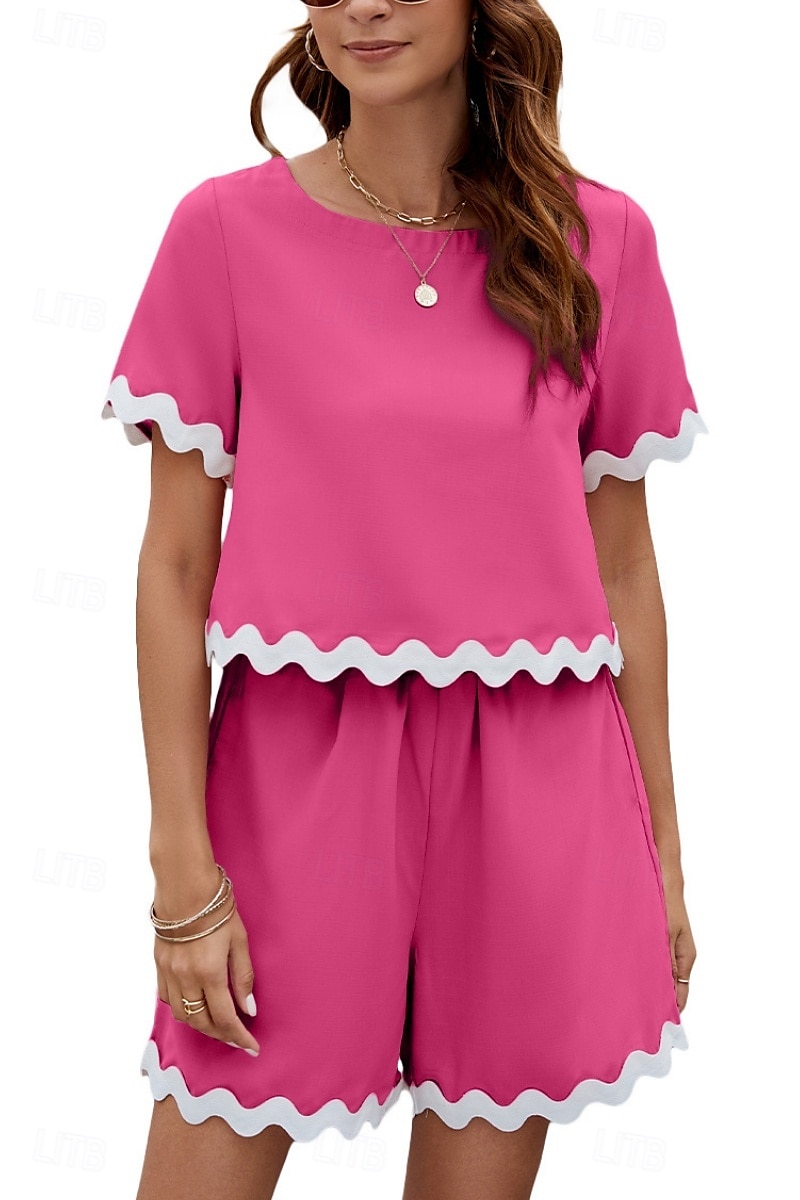 Ensembles de shorts de mode streetwear pour femmes en 2 pièces à manches courtes à col rond en couleur unie imprimé décontracté quotidien noir rose bleu été coupe régulière de 2025 ? $31.99 –P1
