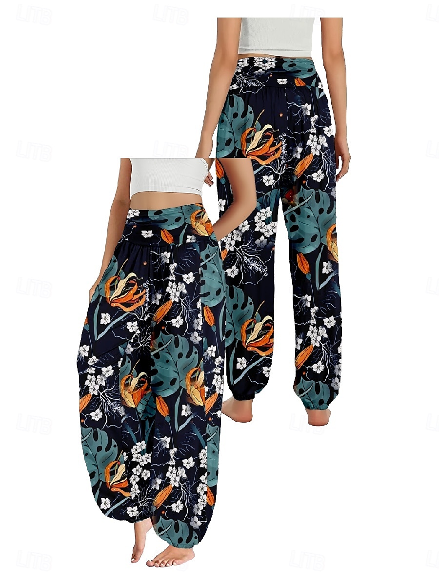 Dam Linneinspirerade byxor Brett skaft Byxor Etnisk Stil Ledigt Boho Fullängd Hög midja Blommig Löv Tropisk Ficka Elastisk midja Tryck Mateial som andas Mjuk Microelastisk Utomhus Yoga Svart Vit 2025 - $21.99 –P3