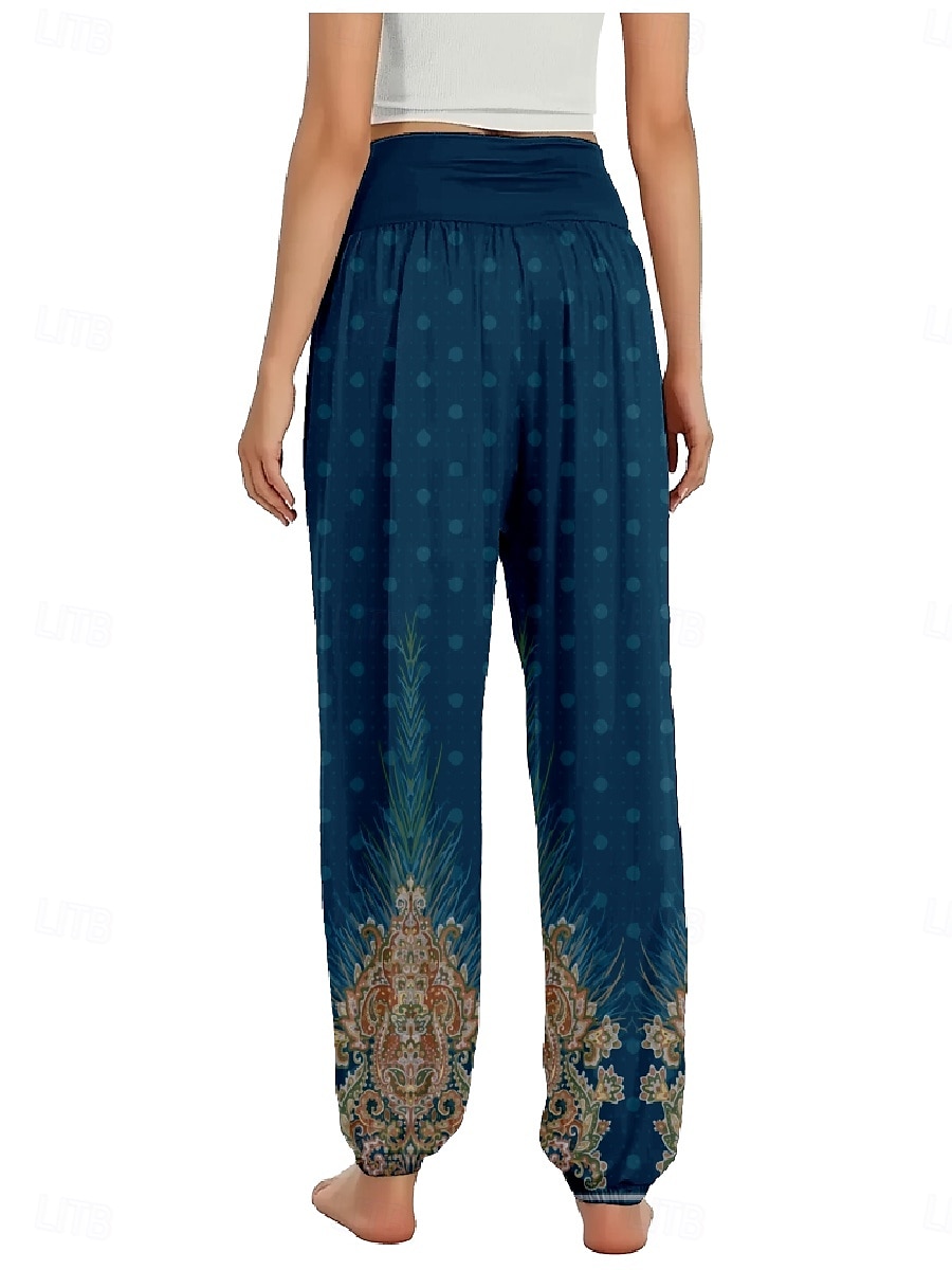 Dam Linneinspirerade byxor Brett skaft Byxor Etnisk Stil Ledigt Boho Fullängd Hög midja Grafiska tryck Ficka Elastisk midja Tryck Mateial som andas Mjuk Microelastisk Utomhus Yoga Svart Blå Purpur 2025 - $21.99 –P11