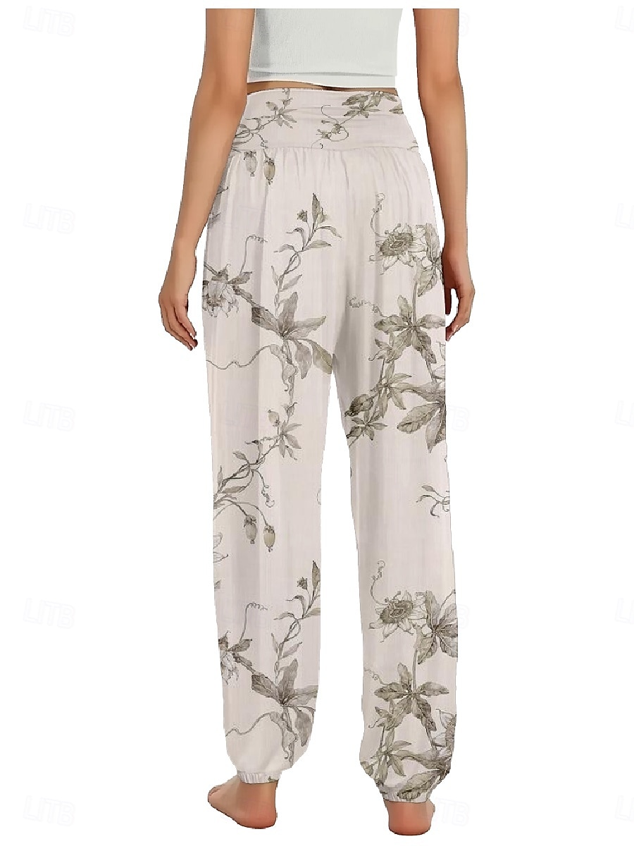 Dam Linneinspirerade byxor Brett skaft Byxor Etnisk Stil Ledigt Boho Fullängd Hög midja Blommig Ficka Elastisk midja Tryck Mateial som andas Mjuk Microelastisk Utomhus Yoga Vit Gul Rosa Purpur Sommar 2025 - $21.99 –P5